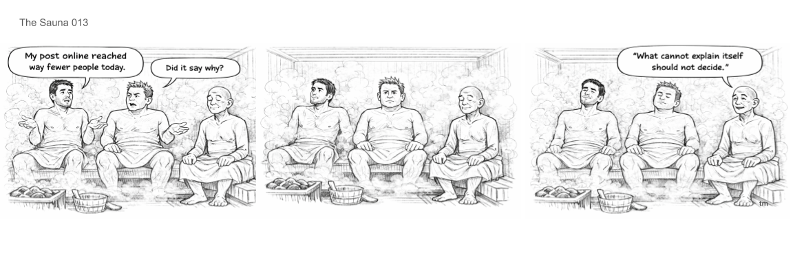 Four men are sitting in a steaming sauna, engaging in a humorous conversation about online activity and its impact on people.