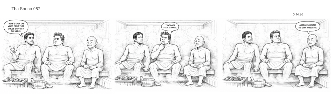Four men sitting in a sauna, conversing. The first man on the left is speaking, the second man is listening, the third man is thoughtful, and the fourth man is smiling. There are baskets and a bucket in front of them.