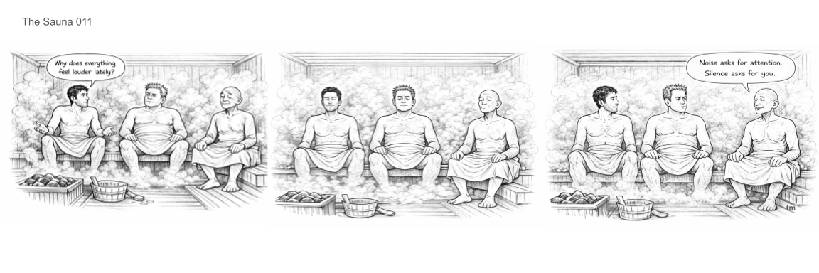 Four men in a sauna, seated on benches, engaged in conversation. One man asks why everything feels louder lately; another responds that noise asks for attention while silence asks for you.