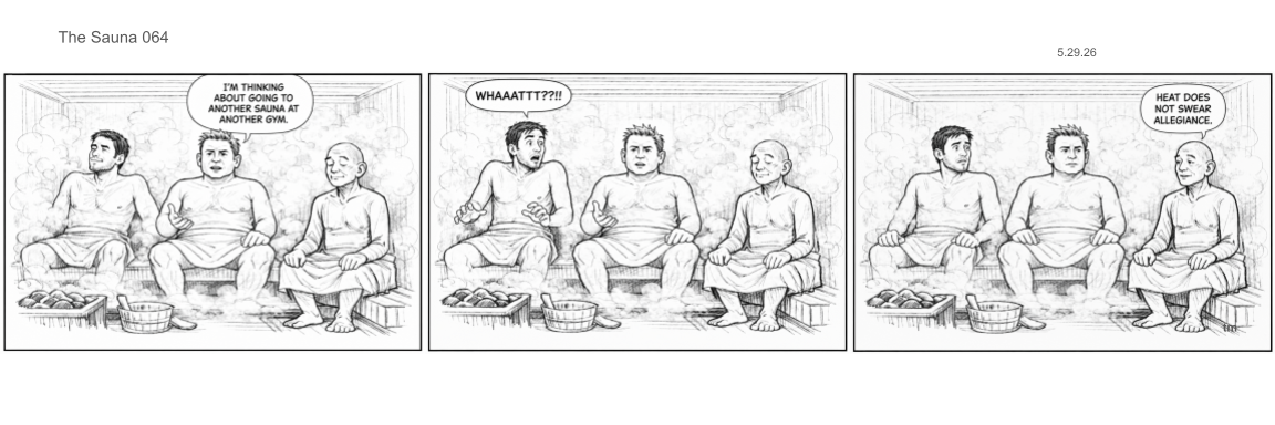 Three men are sitting inside a sauna, engaging in conversation. One man has steam rising around him. They are relaxing and talking in a sketch or comic style illustration.