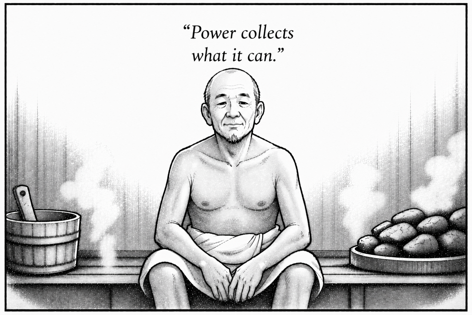 A black and white cartoon of a man with a shaved head, sitting cross-legged in a sauna, with a towel wrapped around his waist. There are buckets of steaming stones and a bucket with a ladle nearby. The text above him reads, "Power collects what it can."