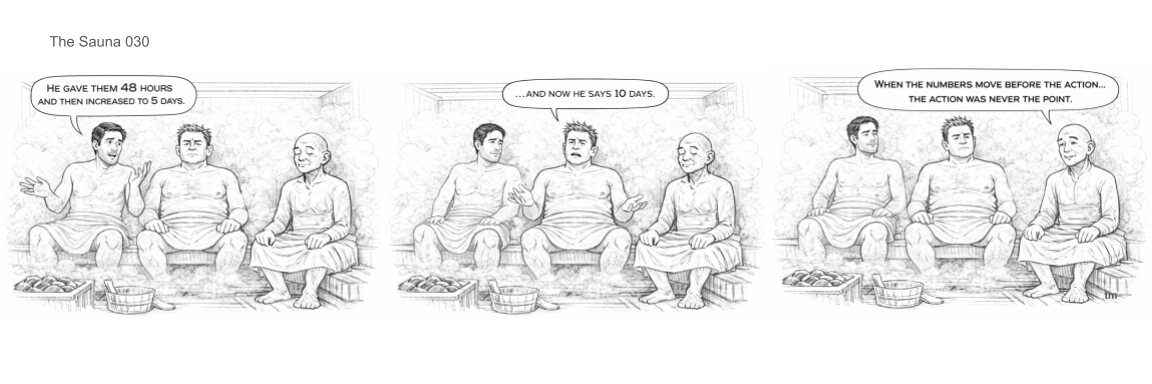 Three men sitting together in a sauna, engaging in a conversation about health and exercise, with one explaining the benefits of a 48-hour and a 10-day period.