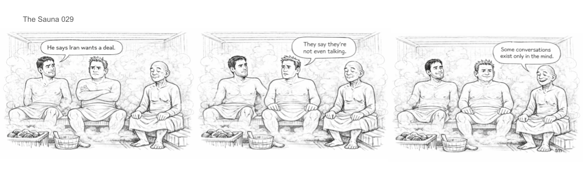 Black and white comic strip with three panels showing three men sitting in a sauna. In the first panel, the man on the left says, 'He says Iran wants a deal.' In the second panel, the middle man responds, 'They say they're not even talking.' In the third panel, the man on the right says, 'Some conversations exist only in the mind.'