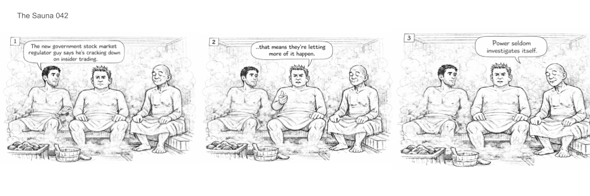 Three men sitting in a sauna having a conversation about government stock market regulators and power.