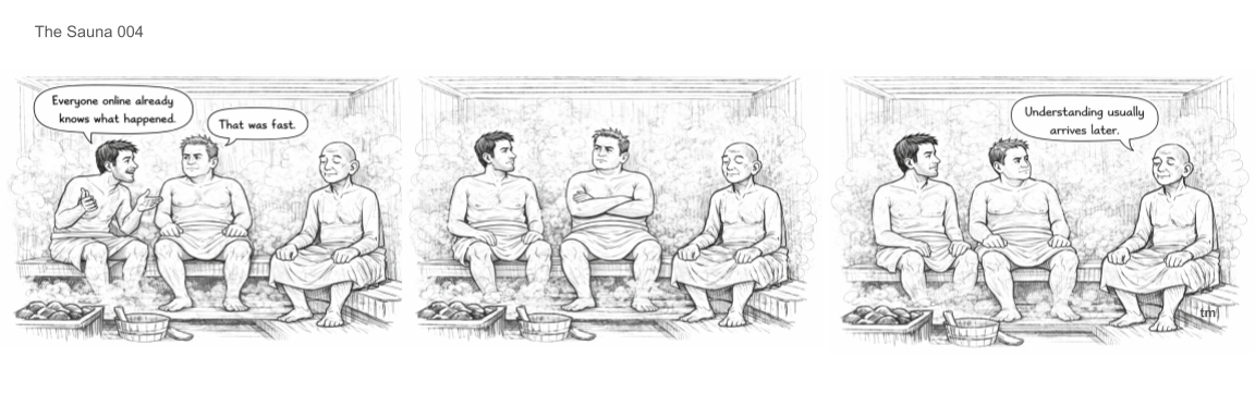 Comic strip of three panels showing three men sitting in a sauna. In the first panel, the man on the left says, 'Everyone online already knows what happened,' and the middle man responds, 'That was fast.' In the second panel, they sit silently. In the third panel, the man on the left says, 'Understanding usually arrives later.'