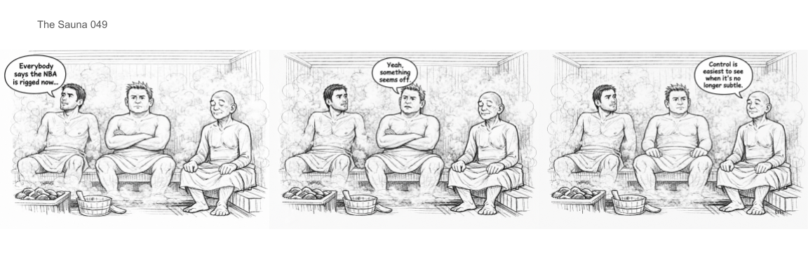 Three men sitting in a steam room engaged in conversation. One man remarks that everyone says the NBA is rigged now; another responds that something seems off; a third agrees that control is easier to see when it's no longer subtle.