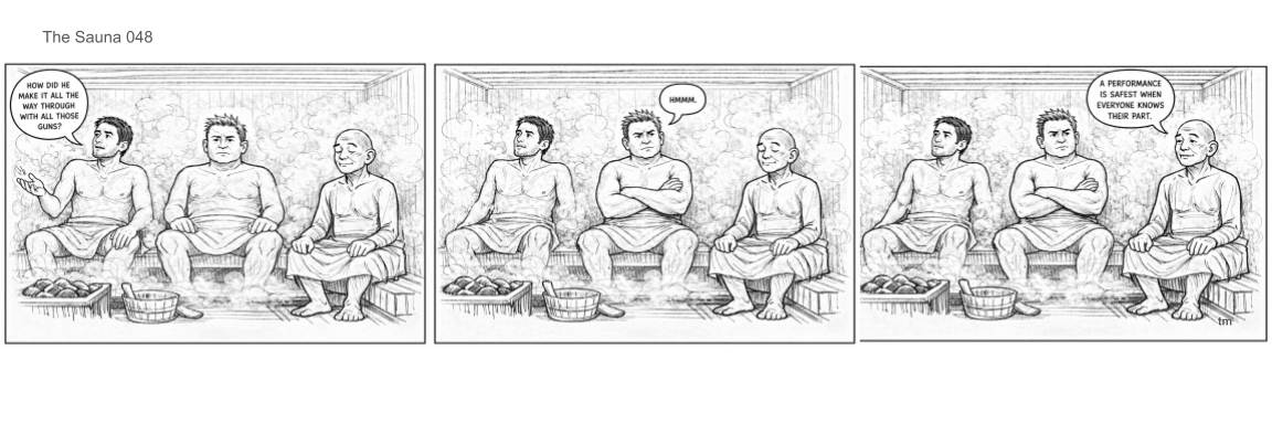 Three men sitting inside a sauna, engaging in conversation. One man is speaking about how the sauna makes him feel and the importance of performance, while the other two listen.