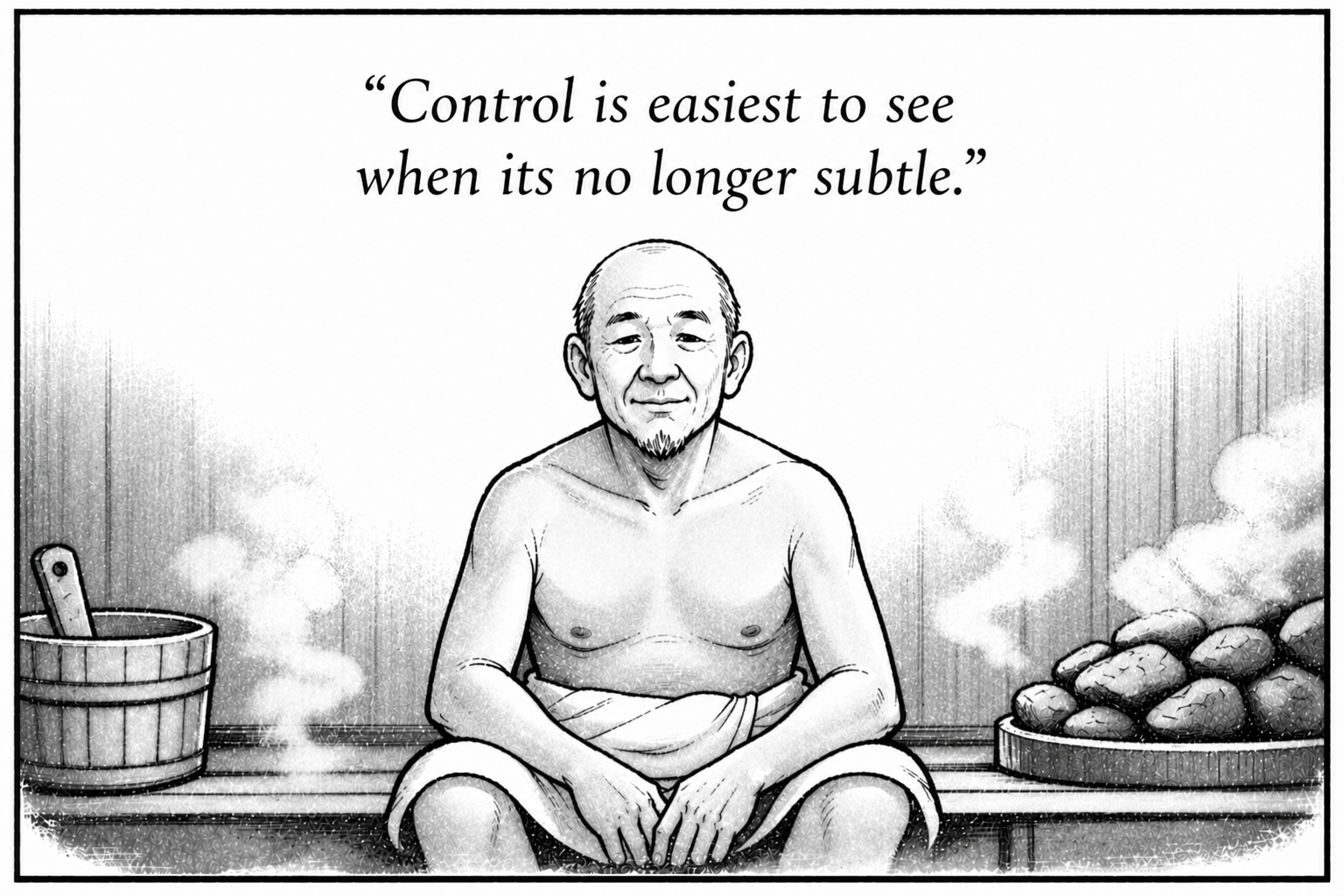Zen man sitting cross-legged with minimal clothing, surrounded by sauna stones and a bucket with a ladle, with a quote about control in the background