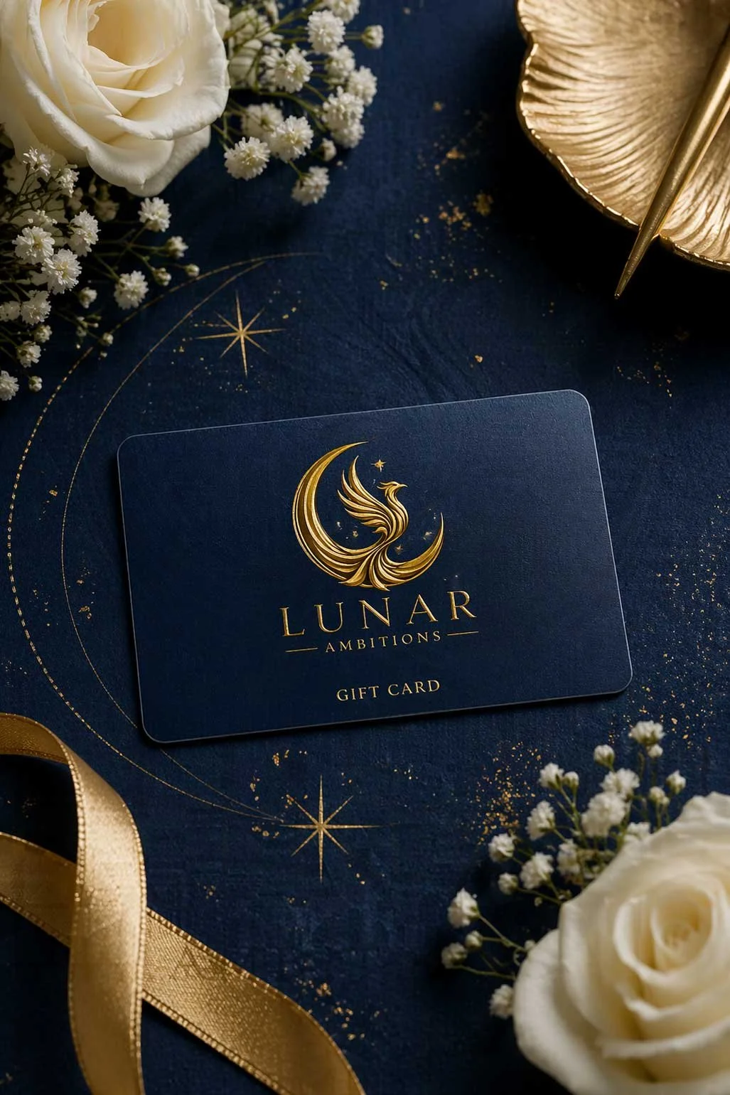 A navy blue gift card with gold logo and text reading 'Lunar Ambitions Gift Card.' The card is decorated with gold celestial symbols and is surrounded by white roses, small white flowers, gold ribbon, and a gold dish, all on a dark blue background with gold sprinkles.