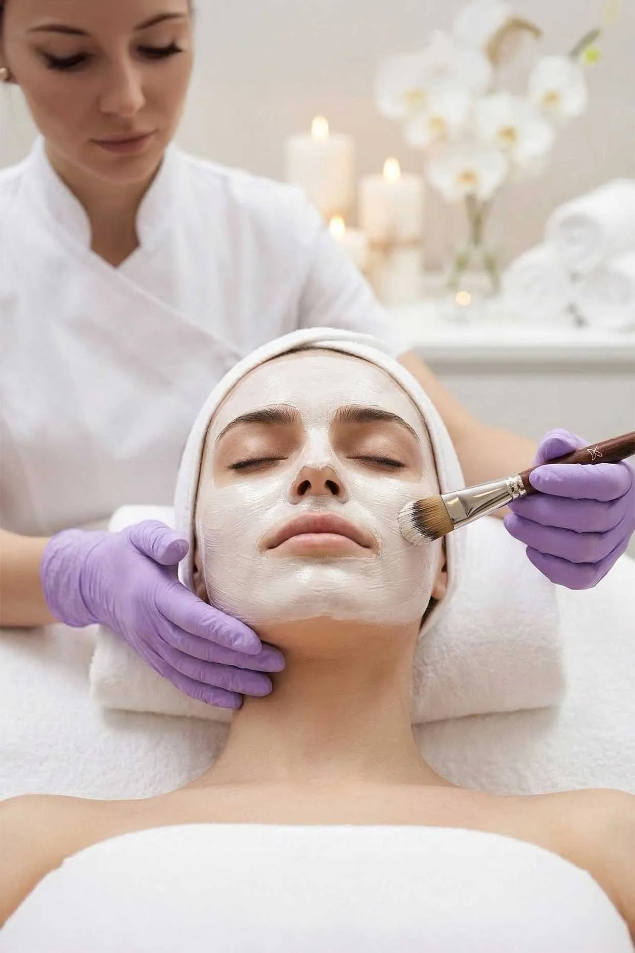 Gloved esthetician applying a balancing treatment mask during a combination skin facial at Lunar Ambitions in Orlando FL.