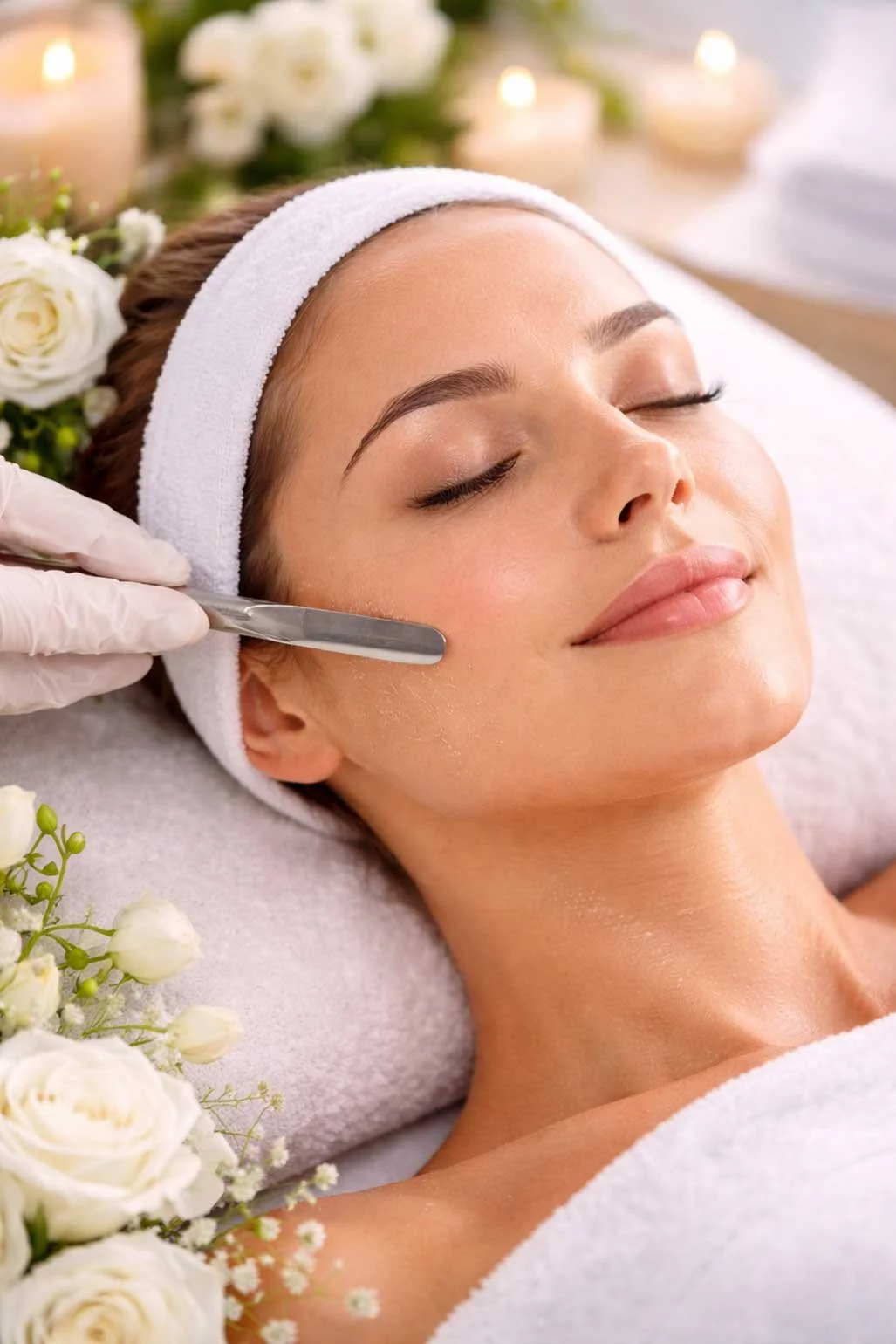 A gloved esthetician gently applies a sterile surgical blade to the cheek of a reclining client wearing a white headband, surrounded by white roses and candles in an elegant spa setting.