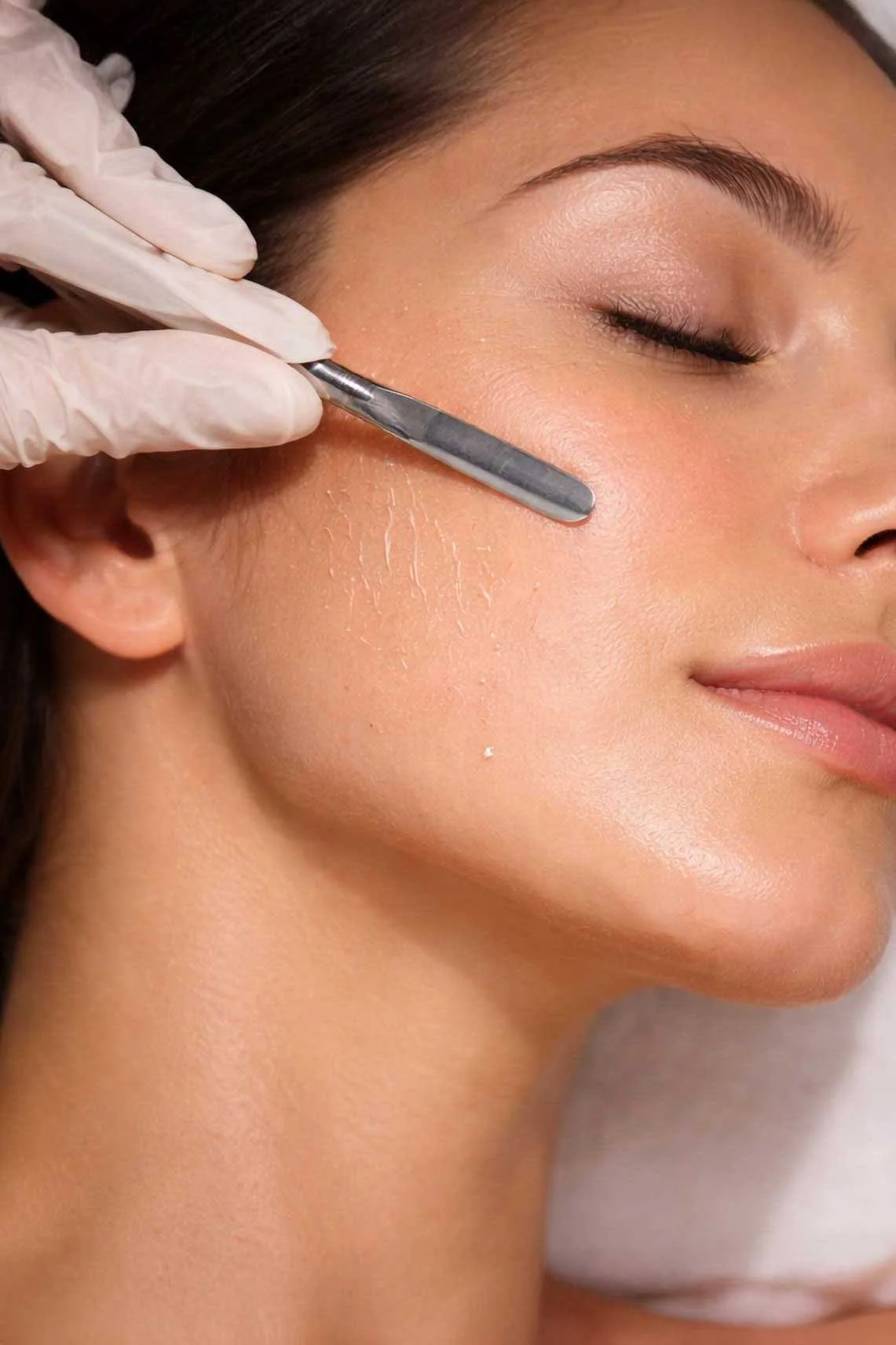 A close-up of a gloved esthetician holding a sterile surgical blade at an angle against a reclining client's cheek, gently removing dead skin cells and fine vellus hair during a professional dermaplaning facial treatment.