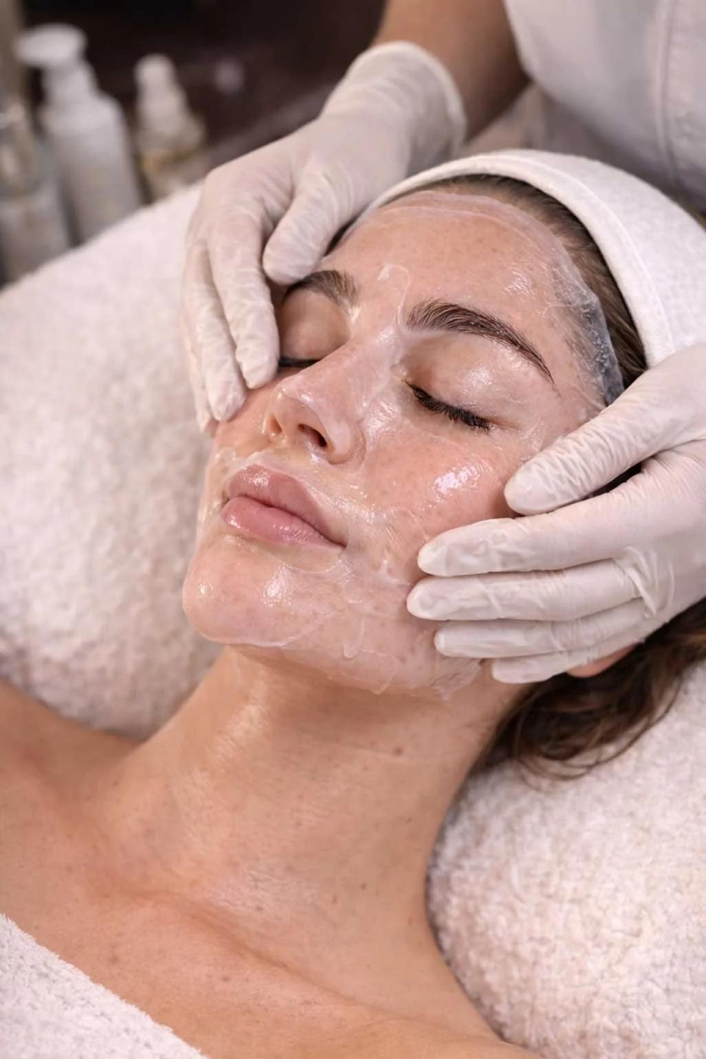 Gloved esthetician massaging a calming serum into a client's face during a sensitive skin facial treatment at Lunar Ambitions in Orlando FL.