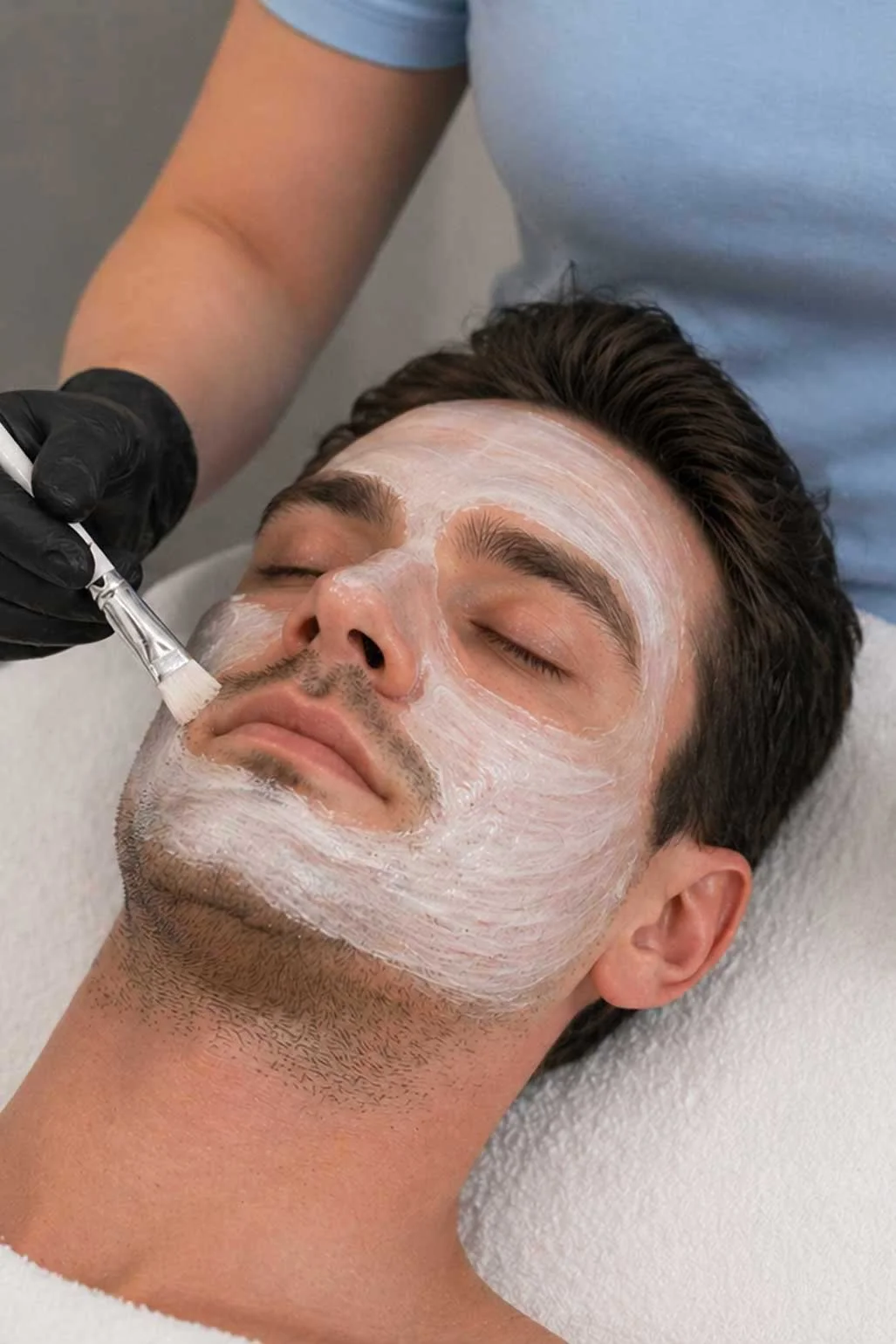 A gloved esthetician in a light blue uniform applies a thick white treatment mask using a brush to the face of a reclining male client with light stubble during a professional men's skin maintenance facial treatment.