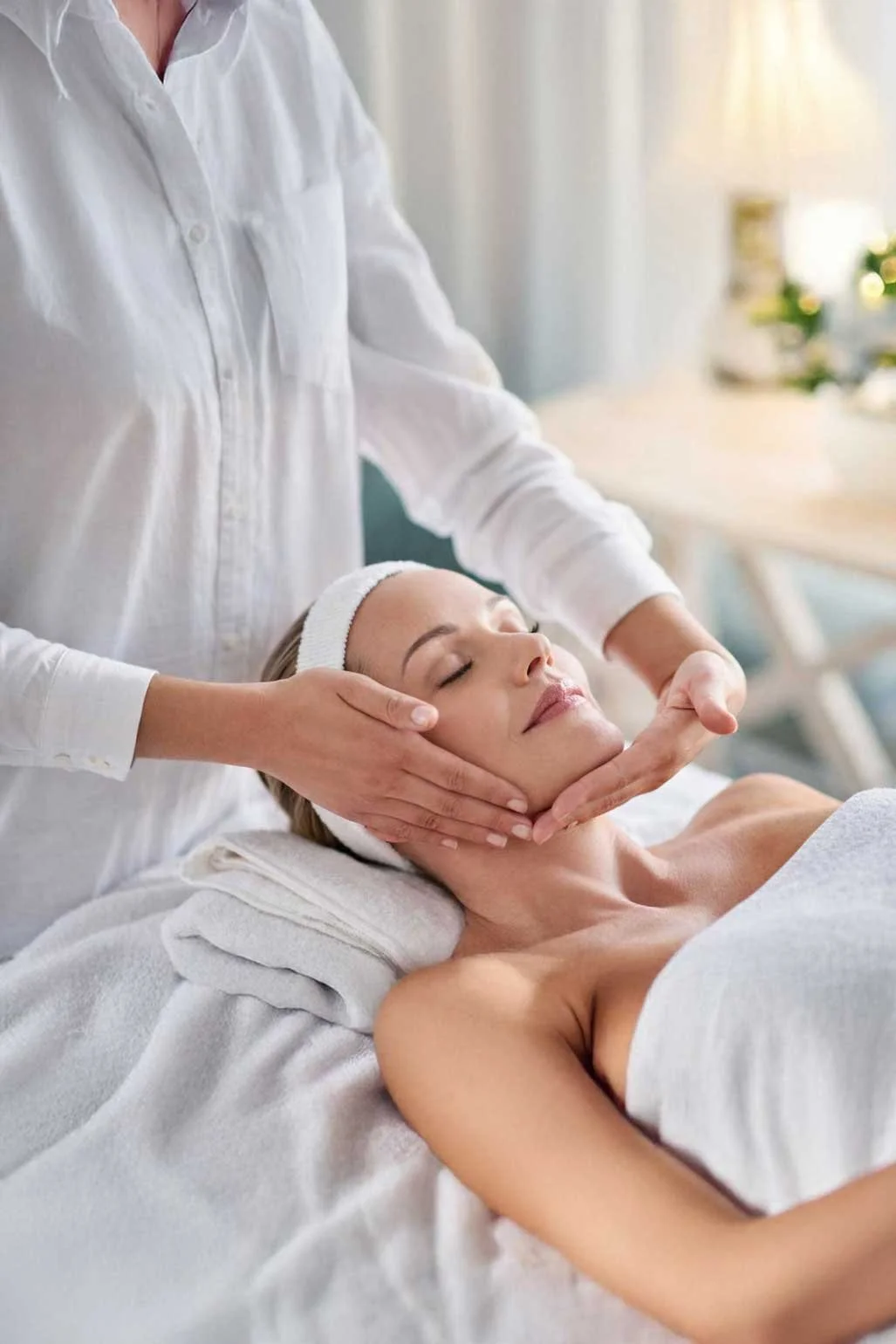 Esthetician performing a lifting massage technique during an anti-aging facial treatment at Lunar Ambitions in Orlando FL.