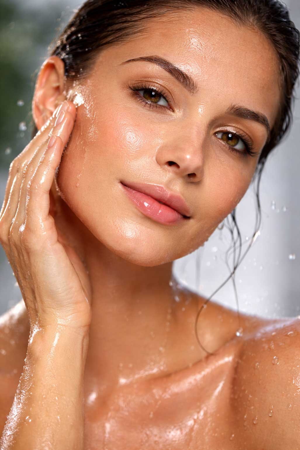 Woman with smooth dewy skin tilting her face upward in sunlight after a professional hydrating facial treatment at Lunar Ambitions in Orlando FL.
