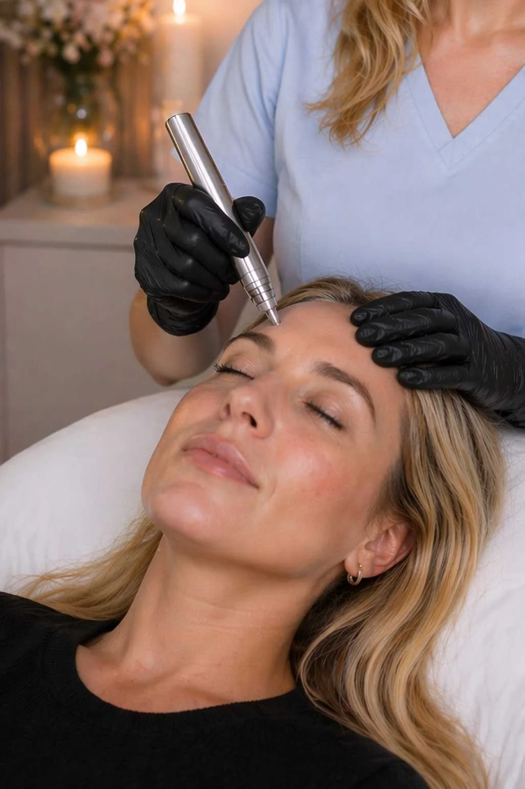 Gloved esthetician applying a nano infusion pen to a client's forehead during a dermaplaning and nano infusion facial at Lunar Ambitions in Orlando FL.