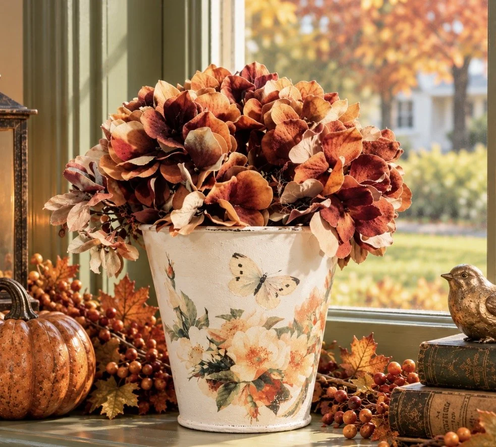 Planter Bucket Hand-Decorated Rose & Butterfly