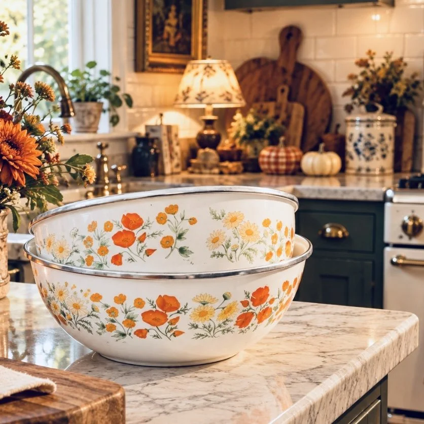 Enamel Metal Bowls Fall Color Forals Pair