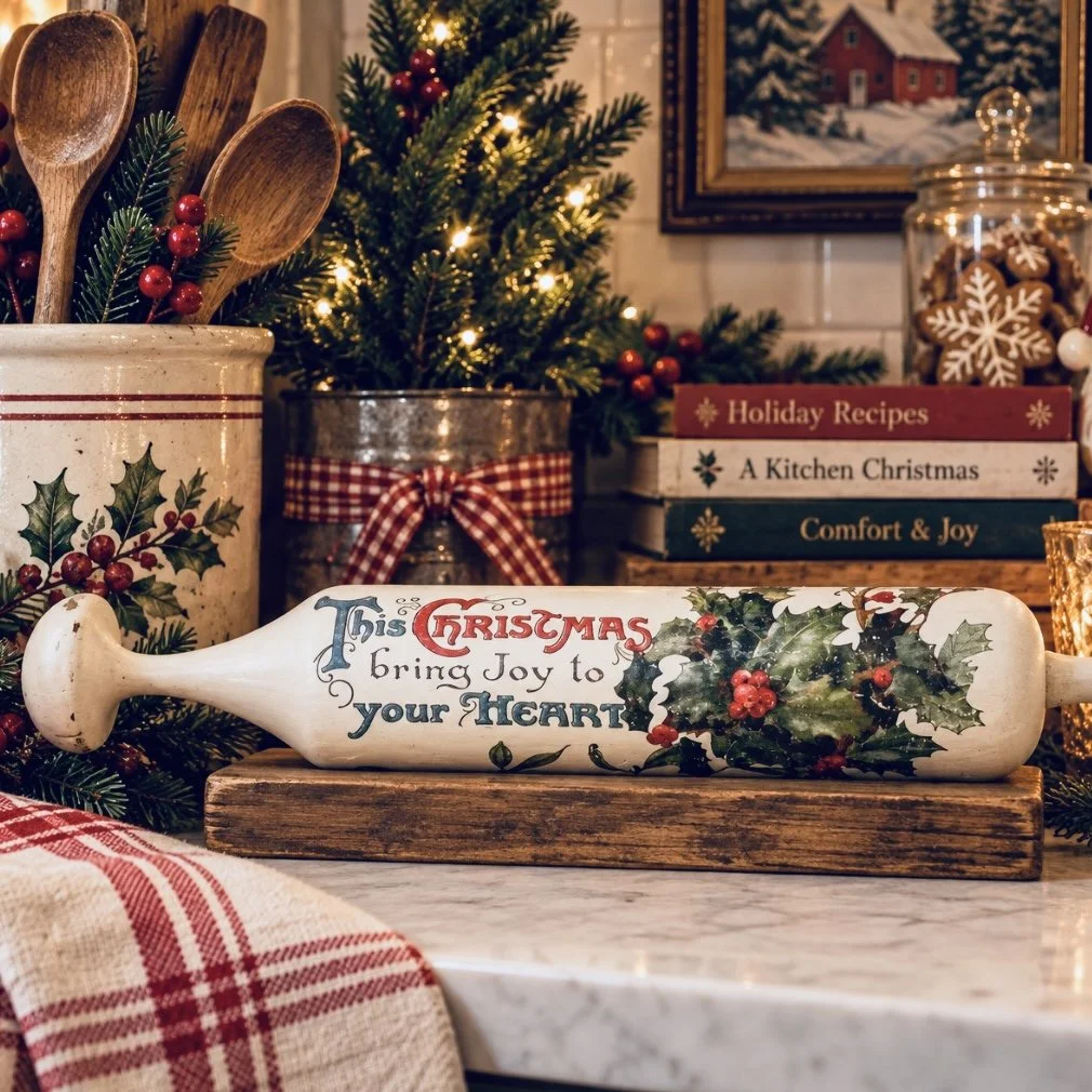Muddler decorated with Christmas words and greenery