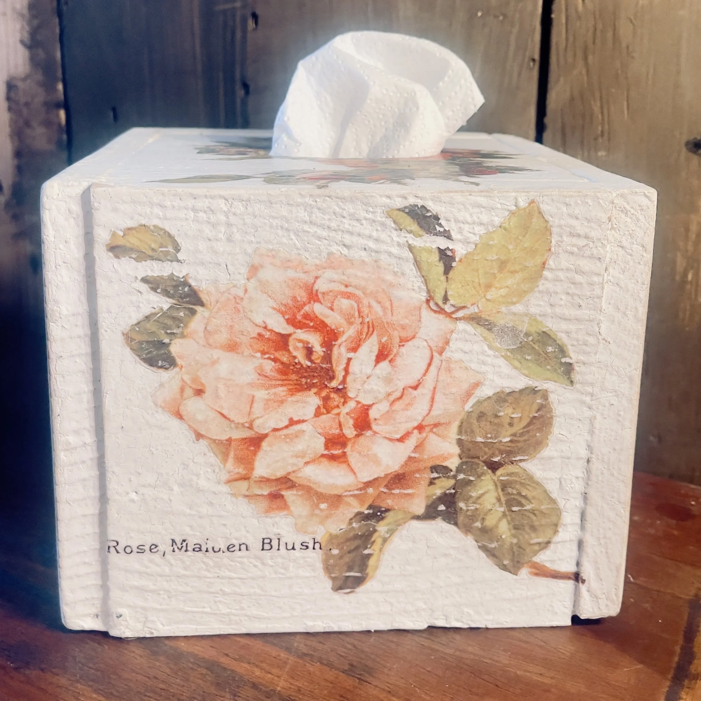 Rose-Themed Hand-Painted Cedar Tissue Box