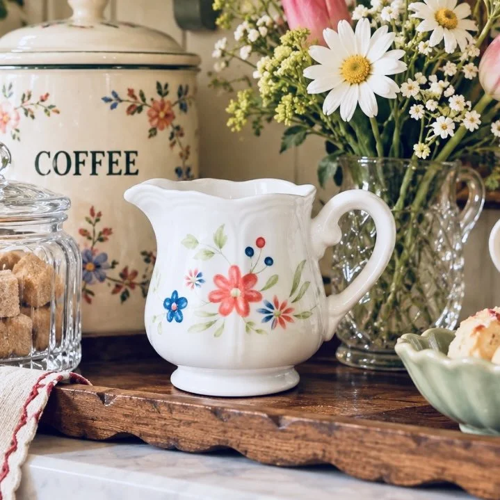 Ironstone Floral Creamer French Country Pedestal
