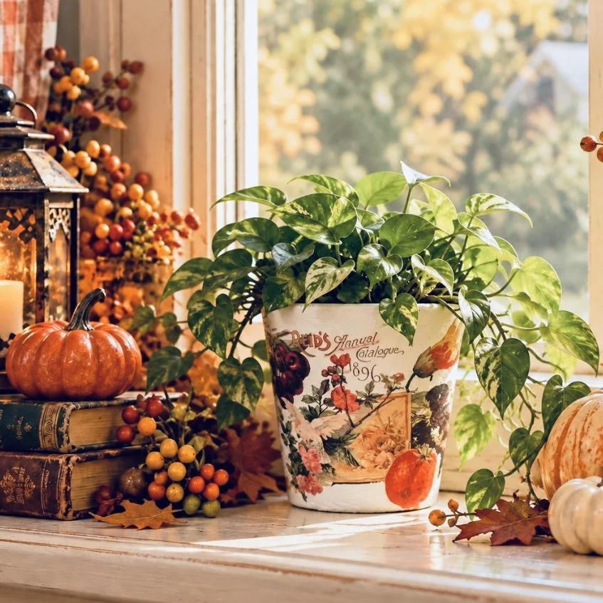 A windowsill with plant in bucket and pumpkins