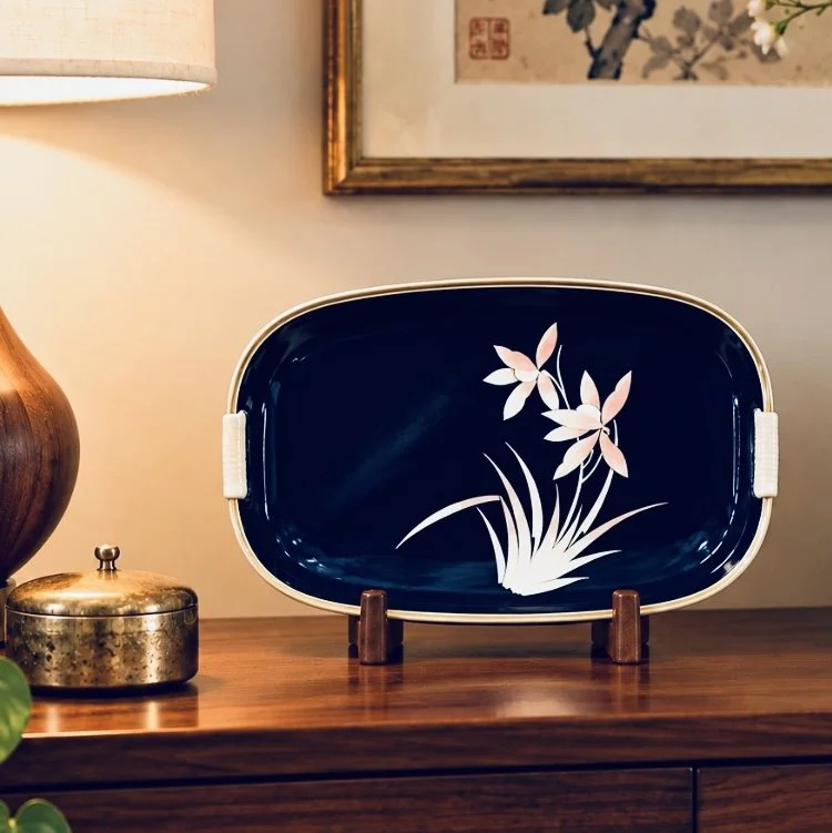 Oblong Black Lacquer Trays Wrapped Handles Pair Japan