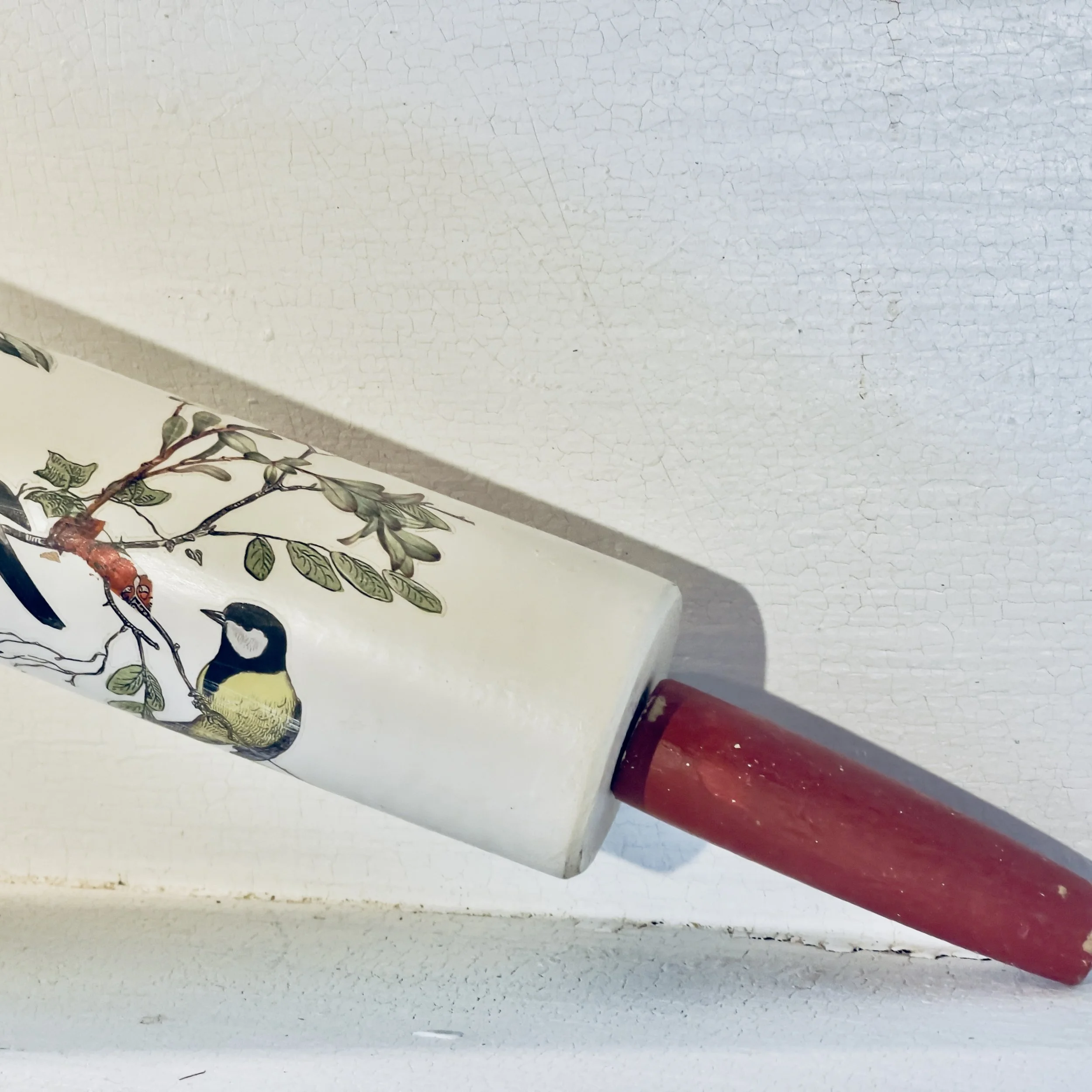 Rolling Pin with Holiday Flowers & Birds & Red Handle