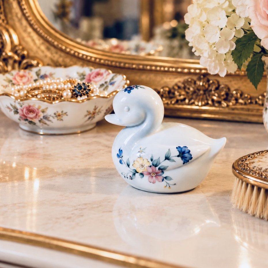 Swan Shaped Floral Trinket Box Japan
