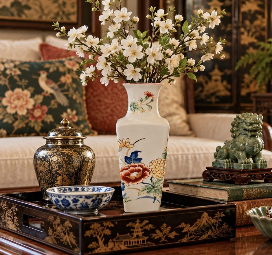 Gold Trim Vase with Asian Flowers Andrea by Sadek Japan