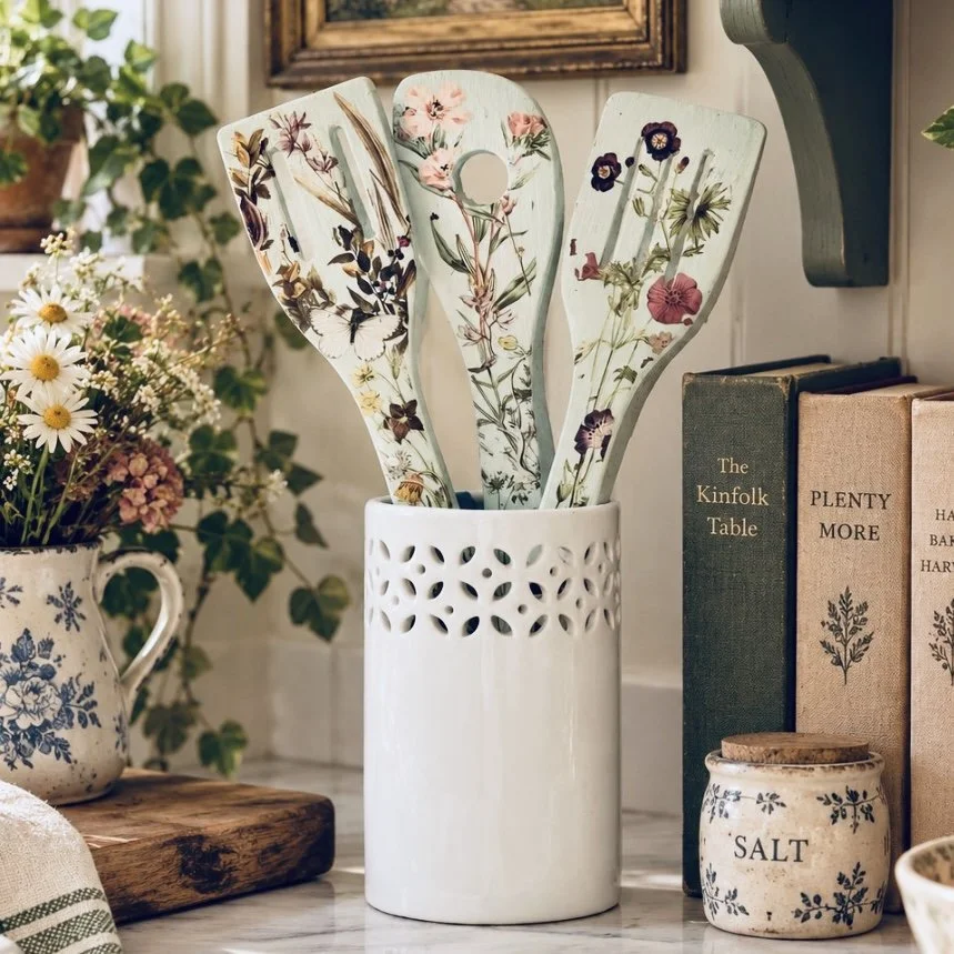 Spring Spoon Bouquet Hand-Decorated Flowers Birds Butterflies Green
