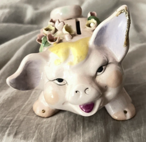 Vintage Lefton Hand Painted Bejeweled Piggy Bank w/Porcelain Flower
