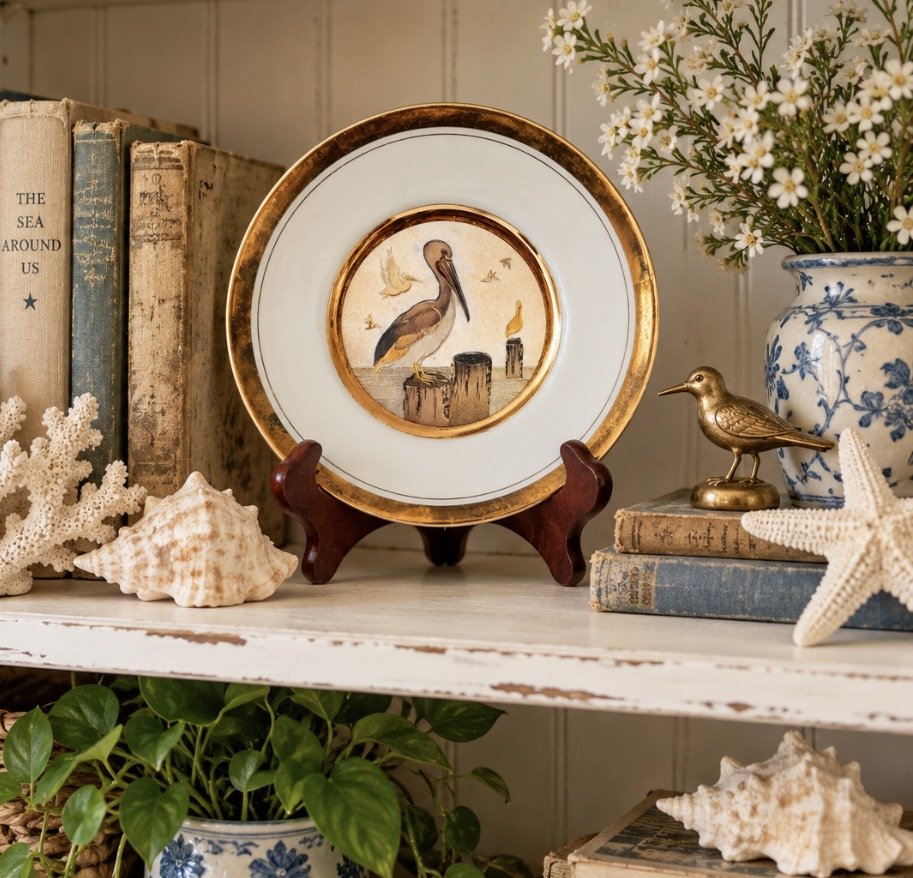 Gold Rim Pelican Plate Chokin Art 6 1/2" Plate w/Wood Holder Beach Ocean