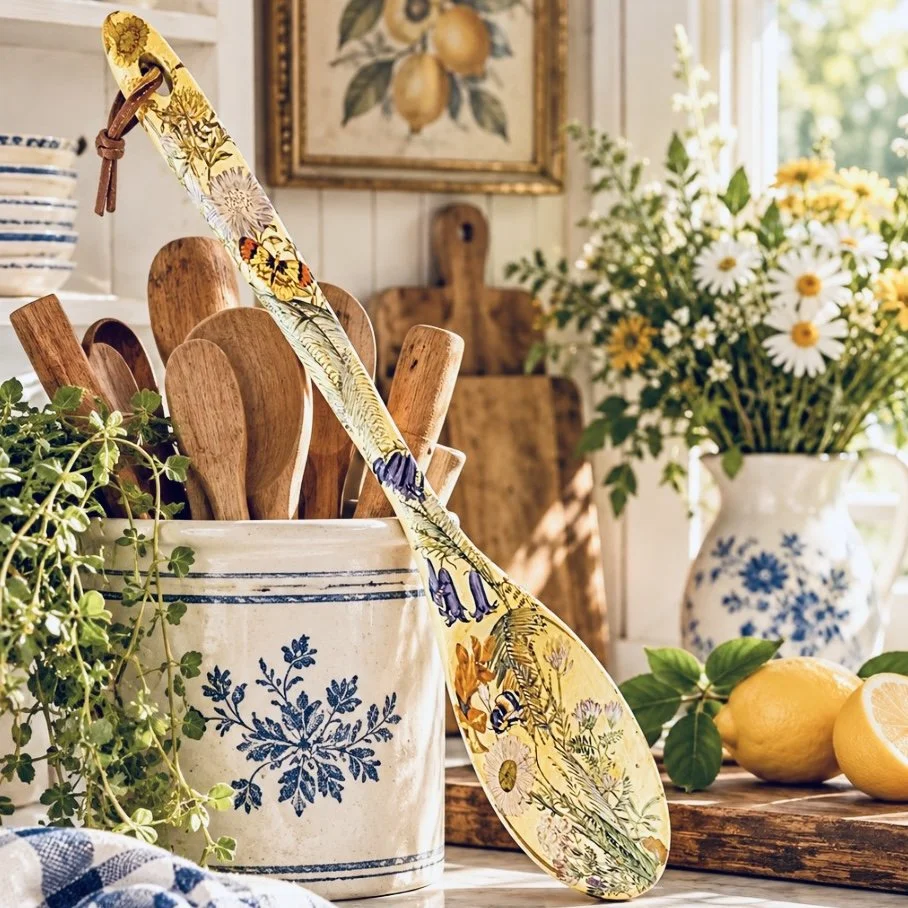 Large Yellow Wooden Spoon Hand-Decorated with Spring Flowers