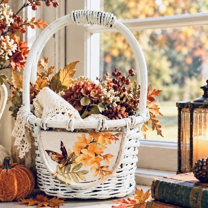 White Basket with Handle Hand-painted with Florals on Each Side