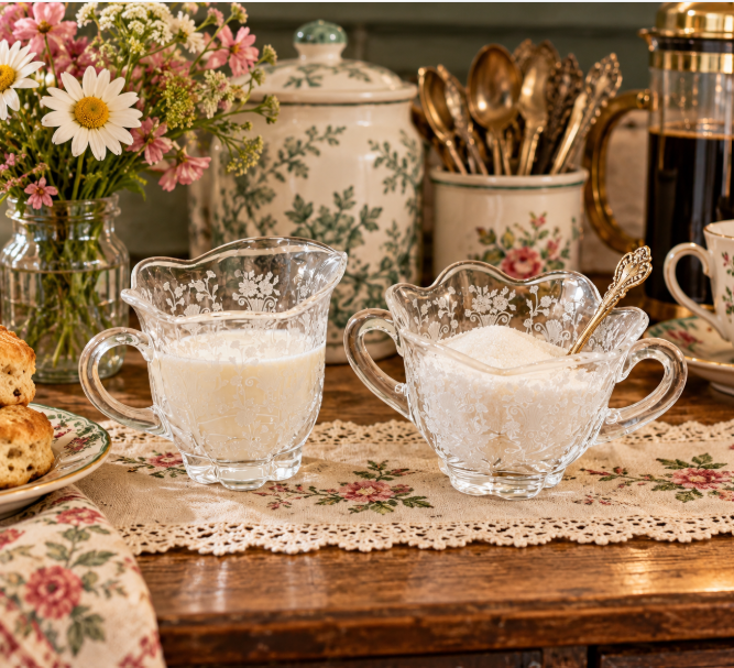 Etched Floral Creamer & Sugar First Love Duncan & Miller