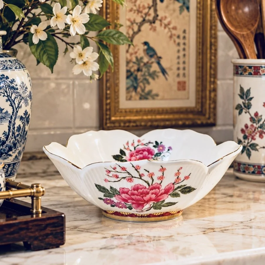 Mingei Porcelain Lotus Bowl White Pink Floral Japan