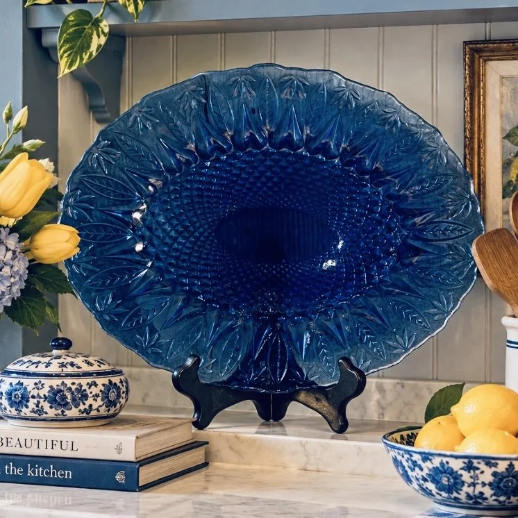 Royal Blue Sapphire Glass Platter Leaf Pattern