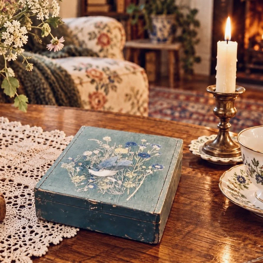 Spring Trinket Box Hand-Decorated Bird and Flowers