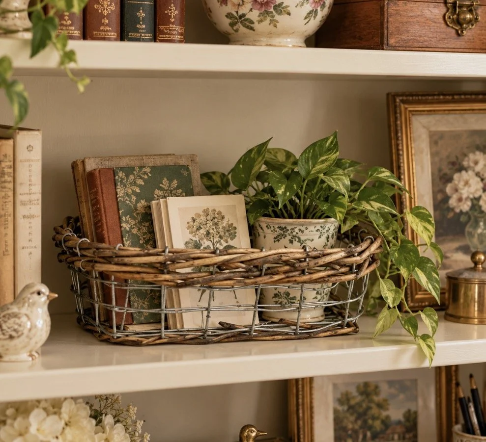 Primitive Wire Basket With Willow Trim