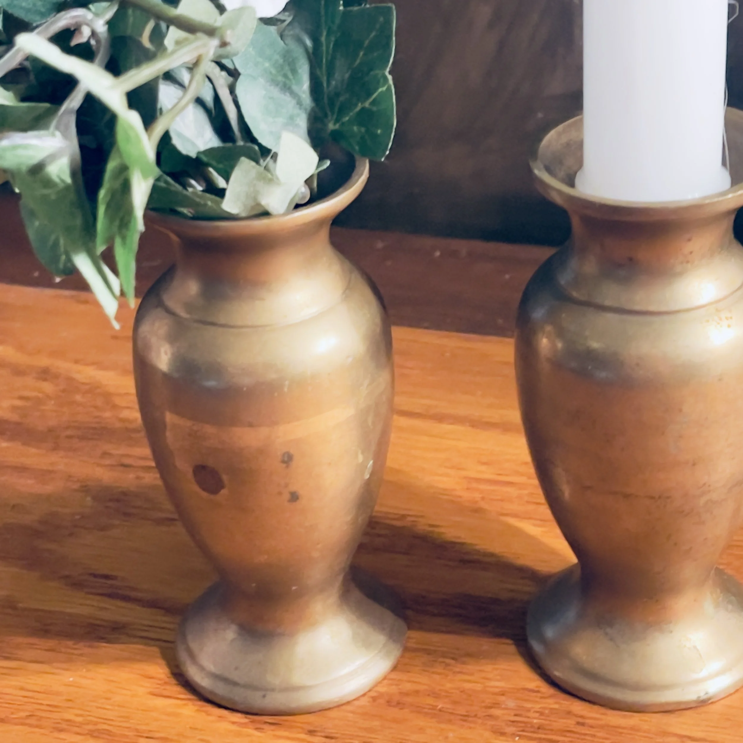 Brass Vases 4”T Florals Candleholders Tarnished Patina