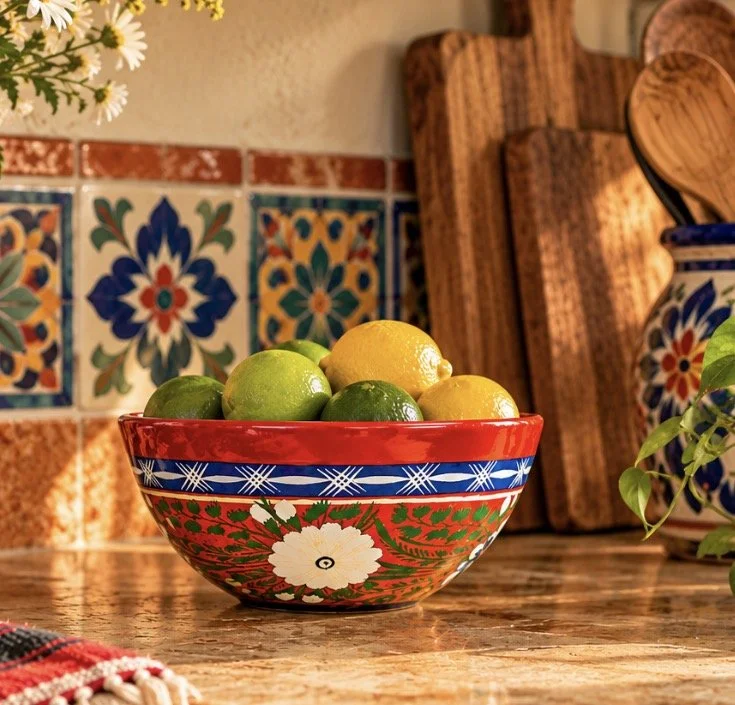 Hand Painted Gourd Bowl with Flowers and Birds Made in Mexico