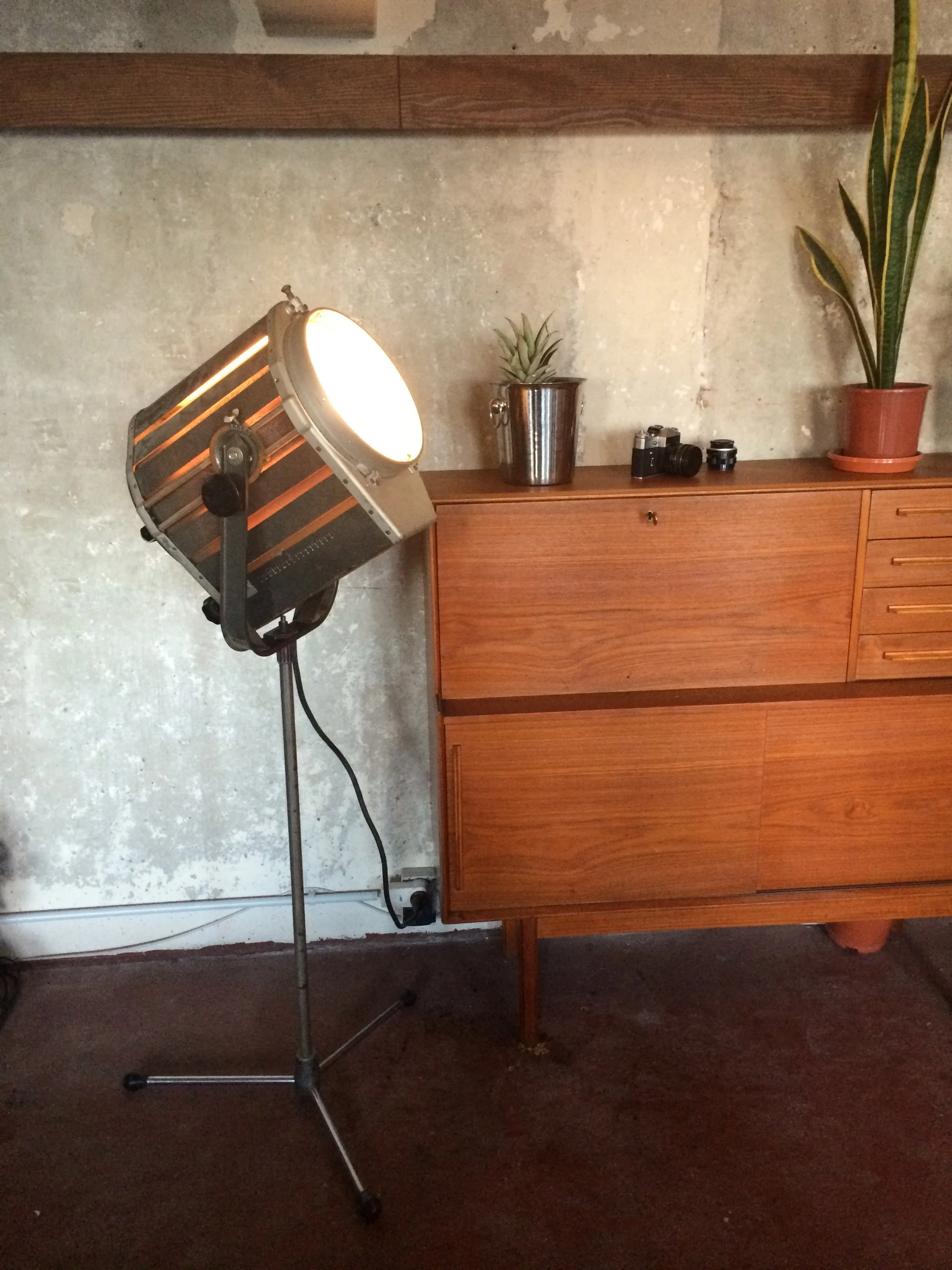 A vintage stage light directed at a wooden sideboard with potted plants and cameras on top in a room with a concrete wall.