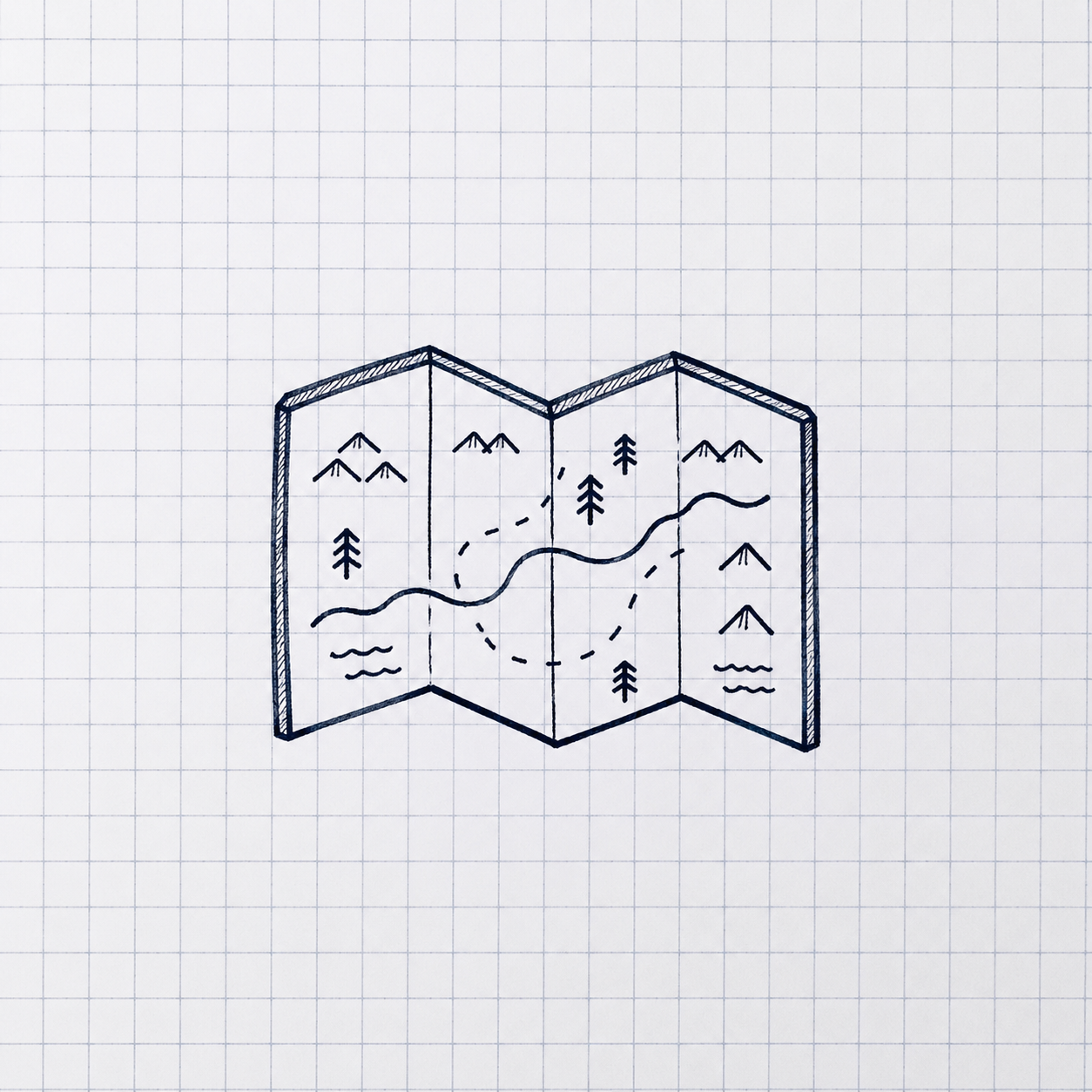 Hand-drawn map on graph paper with mountains, trees, a river, and a path.