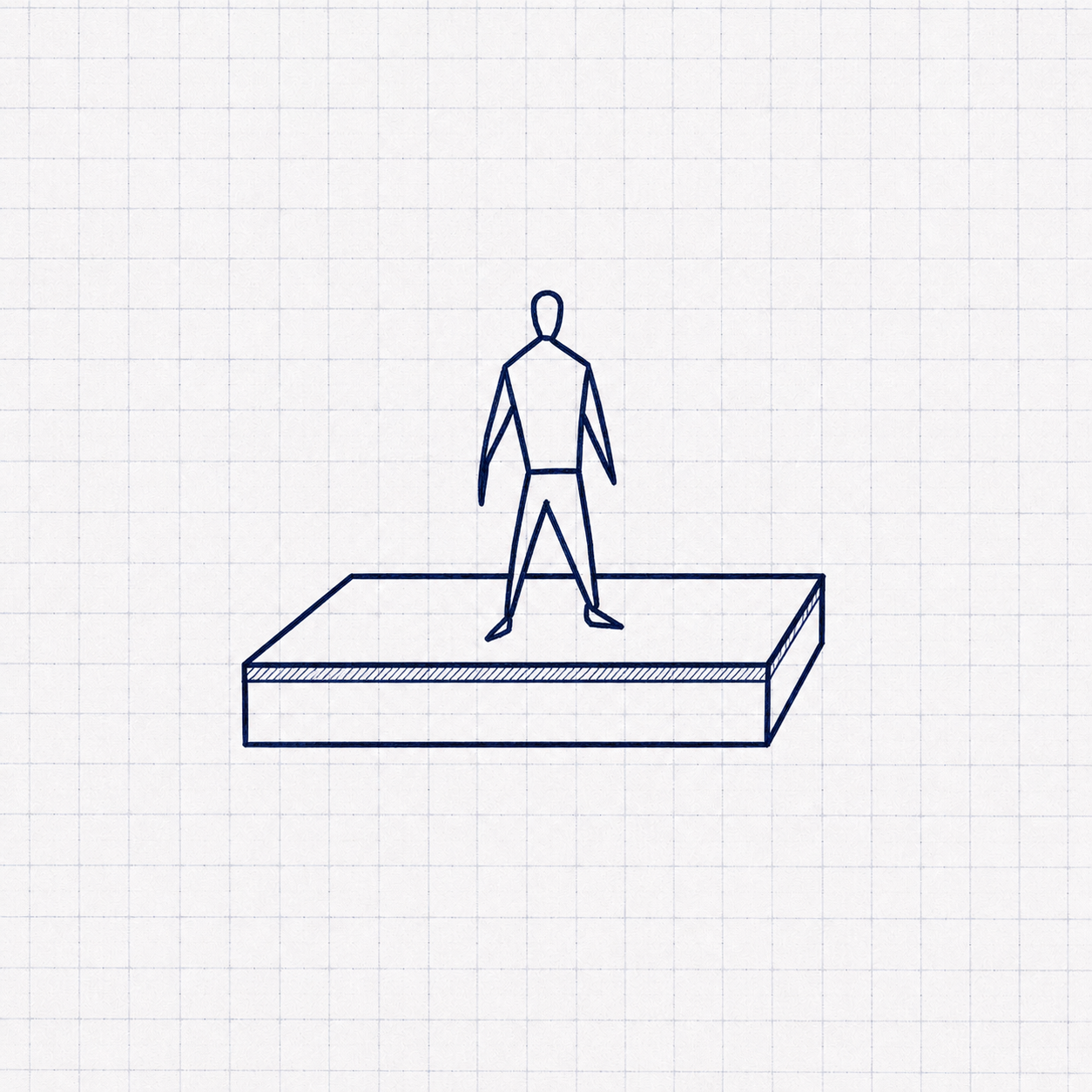 Sketch of a human figure standing on a rectangular platform, drawn on graph paper.