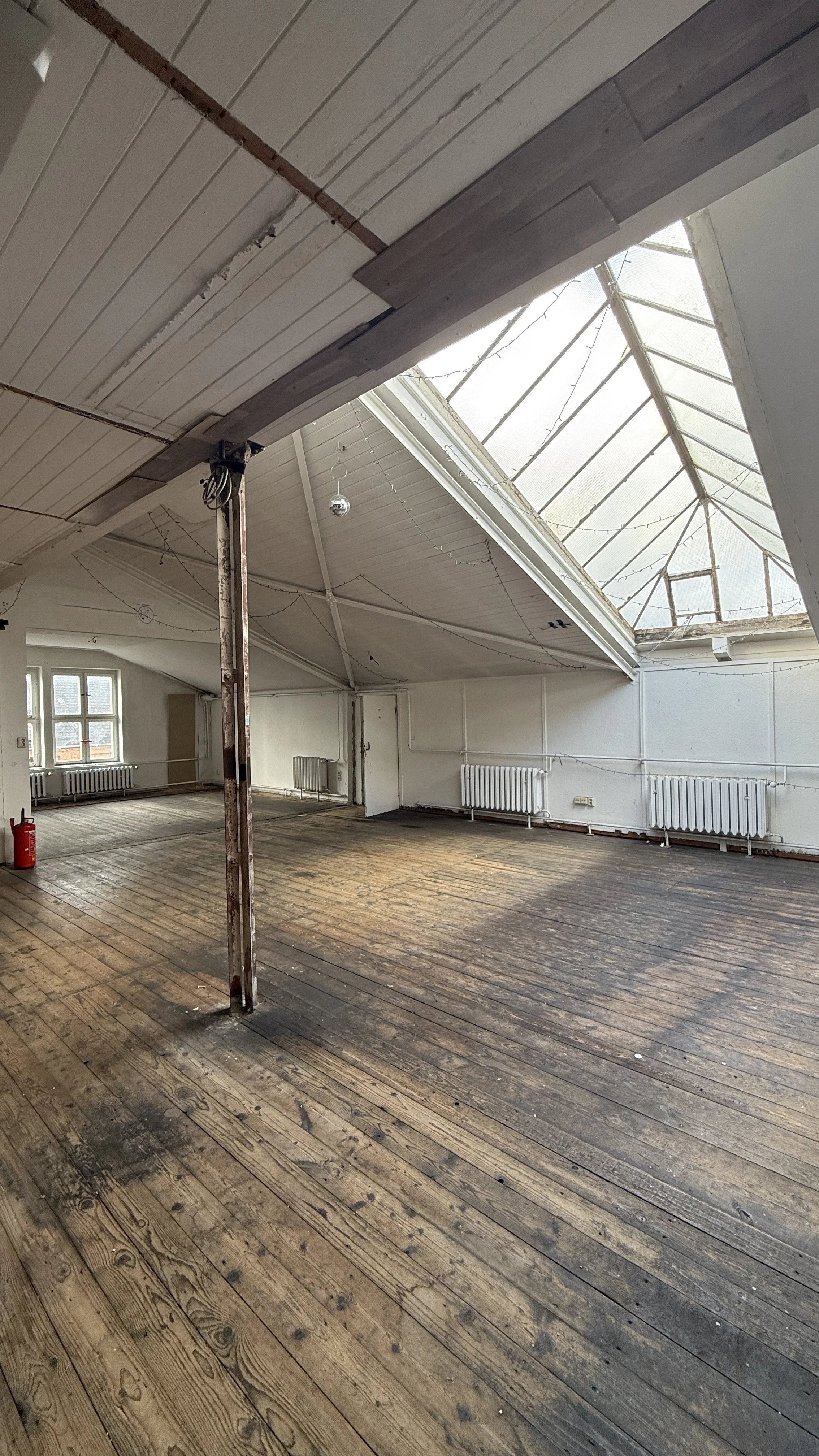 Empty loft space with wooden floors, white walls, a large skylight, and radiators along the walls.