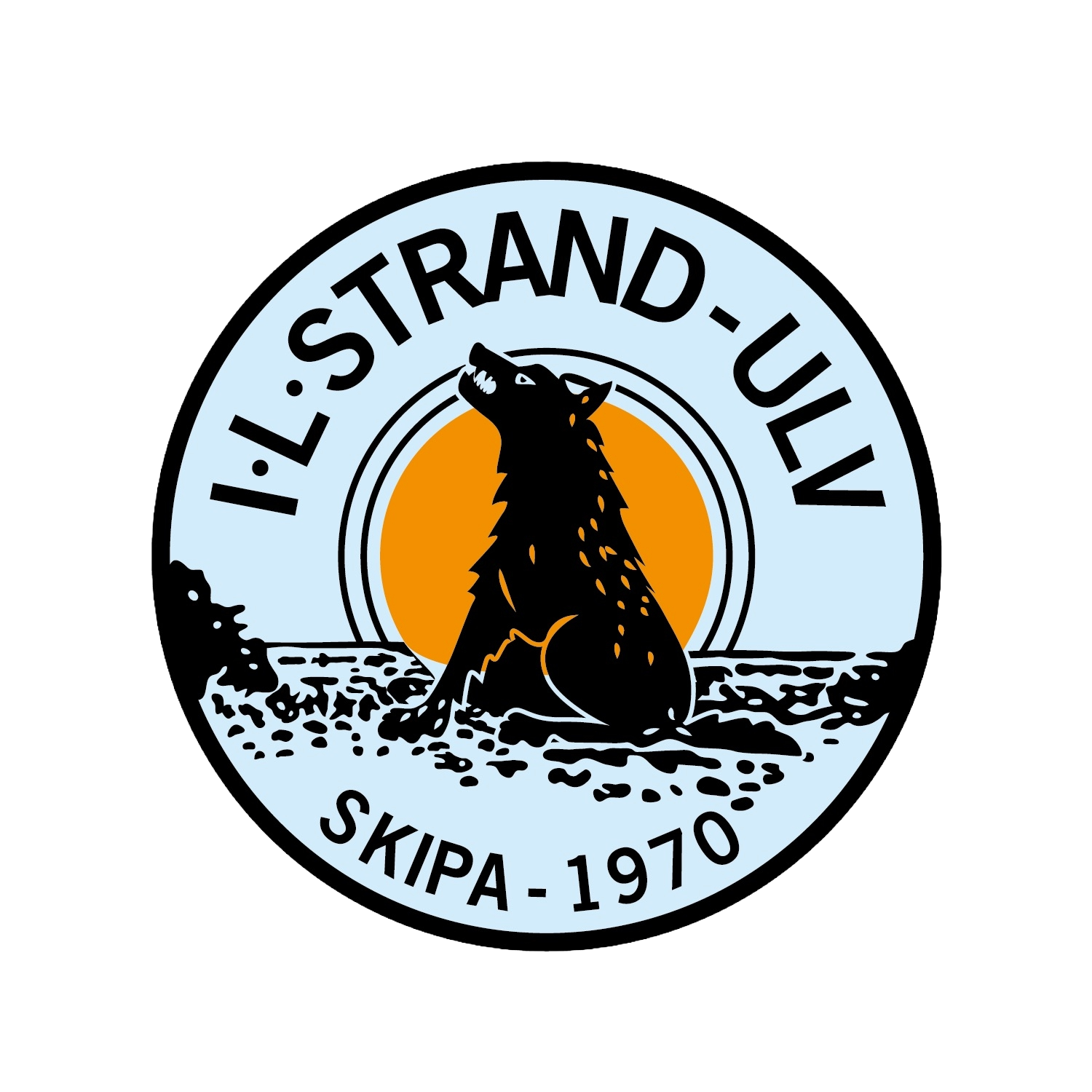 En rund logo med en hund som sitter, med skjell i havet og en sol i bakgrunnen. Tekst rundt logoen sier «I like strand-ullv» og «Skipa - 1910».