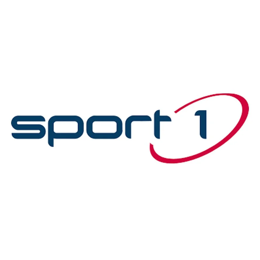 Logo for Sport 1, a sports TV channel, with the text 'sport 1' in blue and a red swoosh around the number '1'.