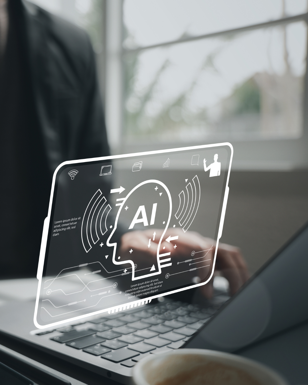 A person working on a laptop with a transparent digital overlay displaying AI and data-related icons and information.